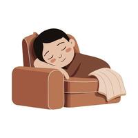 A boy sleeping on a couch with a blanket vector