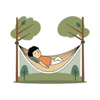A boy sleeping in a hammock with trees vector