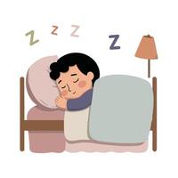A boy sleeping in bed with his head on the pillow vector