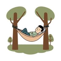 A man is sleeping in a hammock in the woods vector