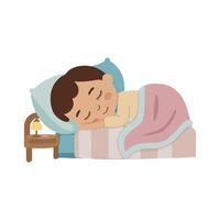 A little boy sleeping in bed with a lamp vector