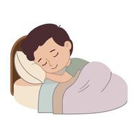 A boy sleeping in bed with his head on the pillow vector