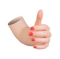 Open female hand in forward-reaching pose, side view, delicate red polished fingernails, suggesting photo