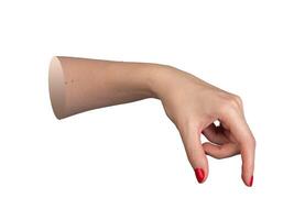 Female hand with red polished nails, holding or indicating an invisible object between thumb and photo
