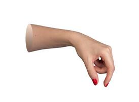 Female hand with red polished nails, holding or showing an invisible object between thumb and index photo