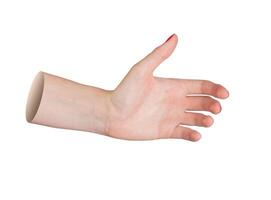 Female hand with red polished nails, fingers spread, holding isolated on white background. photo