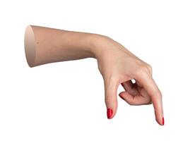 Female hand with red polished nails holding or showing a large invisible object between thumb and photo