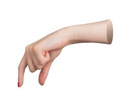Female hand with red polished nails holding an invisible object between the thumb and index finger photo