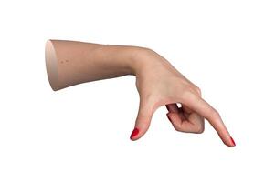 Female hand with red polished nails holding or indicating a large invisible object between thumb and photo