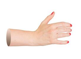 Open female hand in reaching position, side view, delicate fingers with red polished nails, elegant photo