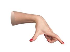 Female hand with red polished nails, fingers spread to show a large, invisible object between thumb photo