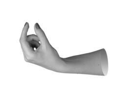 hand with manicured nails, forefinger extended, as if pressing or grasping something invisible in photo