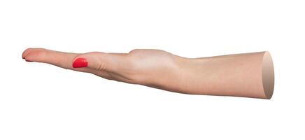 outstretched female hand with red-painted nails, positioned in a side view and isolated on a white photo