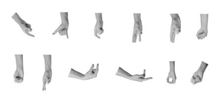 Different gray hand gestures and signs set, collection of arms isolated on white background, showing photo