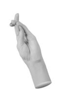 hand in an abstract, expressive gesture with fingers positioned in a unique formation. The index and photo