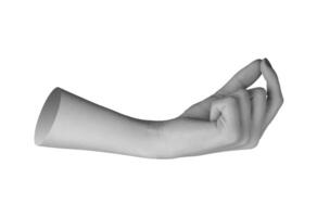 hand with painted nails, fingers closed in a pinching gesture, pinky slightly extended, isolated on photo