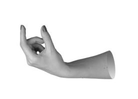female hand with manicured nails, index finger extended as if pressing or grasping an invisible photo