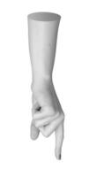 Isolated female hand with index finger extended in a clicking or pointing gesture, closeup on a photo