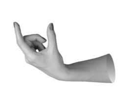 female hand with manicured nails, forefinger and thumb extended as if grasping something in empty photo