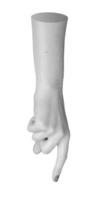 Closeup of a female hand with index finger extended, in a pointing or clicking gesture, isolated on photo