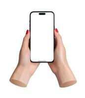 Berlin Germany July 21 2024 Closeup of a woman hand with red manicured nails, holding a smartphone photo