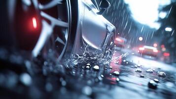 Blurry view of raindrops on the windshield, blurry lights and cars in traffic, cityscape, bokeh blurry background photo