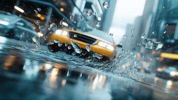 Blurry view of raindrops on the windshield, blurry lights and cars in traffic, cityscape, bokeh blurry background photo