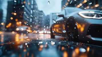 Blurry view of raindrops on the windshield, blurry lights and cars in traffic, cityscape, bokeh blurry background photo