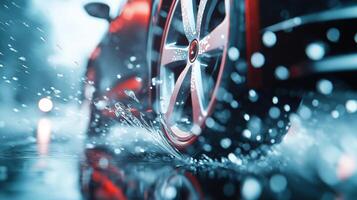 Blurry view of raindrops on the windshield, blurry lights and cars in traffic, cityscape, bokeh blurry background photo