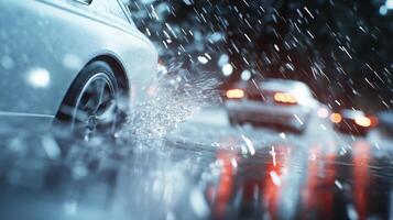 Blurry view of raindrops on the windshield, blurry lights and cars in traffic, cityscape, bokeh blurry background photo