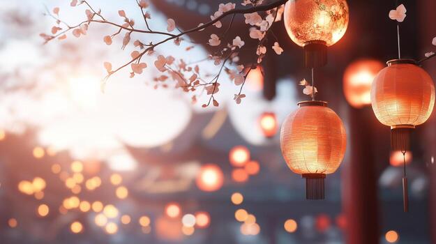 Chinese lanterns hanging from a tree branch photo