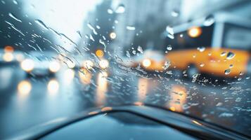 Blurry view of raindrops on the windshield, blurry lights and cars in traffic, cityscape, bokeh blurry background photo
