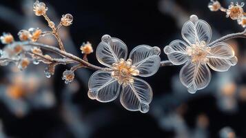 Two flowers are on a branch with a dark background photo