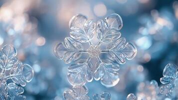 Artwork with the wonderful transparent-white snowflakes repeated in a subtle, thin, and delicate shape on blue background photo