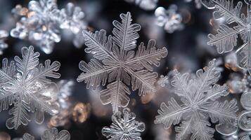 Artwork with the wonderful transparent-white snowflakes repeated in a subtle, thin, and delicate shape on black background photo