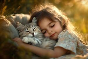 Little girl sleeping peacefully embracing her kitten outdoors in golden sunlight photo