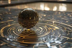Crystal ball reflecting binary code floating on futuristic circuit board photo