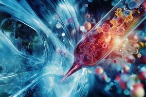 Pipette releasing virus in blood cells during medical research experiment photo