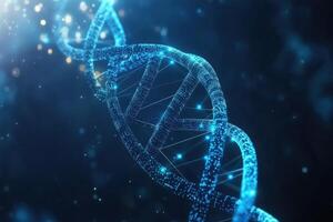 Glowing blue dna double helix rotating in digital world photo