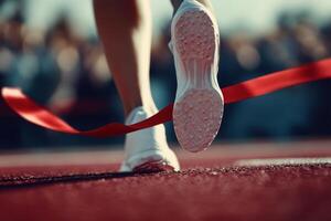 Female athlete crossing the finish line in a thrilling race competition photo