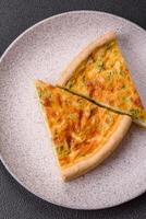 Delicious quiche with broccoli, chicken or salmon and cheese photo