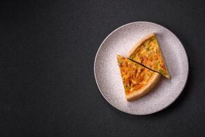 Delicious quiche with broccoli, chicken or salmon and cheese photo