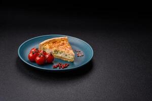Delicious quiche with broccoli, chicken or salmon and cheese photo