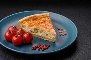 Delicious quiche with broccoli, chicken or salmon and cheese photo