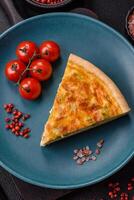 Delicious quiche with broccoli, chicken or salmon and cheese photo