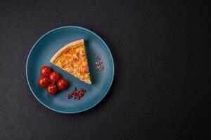 Delicious quiche with broccoli, chicken or salmon and cheese photo