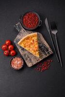 Delicious quiche with broccoli, chicken or salmon and cheese photo