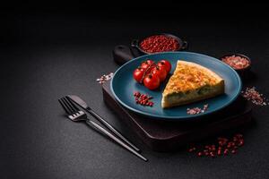 Delicious quiche with broccoli, chicken or salmon and cheese photo