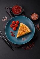 Delicious quiche with broccoli, chicken or salmon and cheese photo