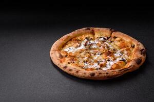 Creamy pizza with truffle cheese, mozzarella, chicken and mushrooms photo